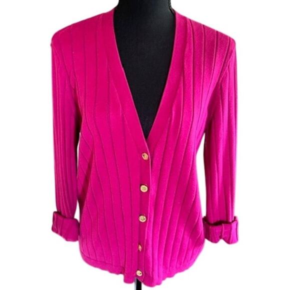 Chaps Hot Pink Ribbed Cardigan Sweater – Size M, Gold Crest Buttons - Picture 1 of 5
